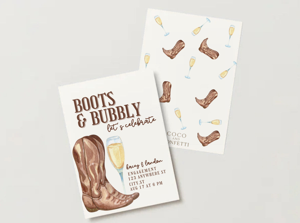 Boots & Bubbly Engagement Invitation – Digital Download (Editable with Your Info)